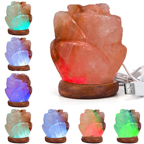 CHSHY 100% Naturel De L'Himalaya Sel Lampe, Fleur ColoréE Rose Rose Cristal Rock Sel, Sculpté à La Main avec Base en Bois pour Cadeau De Vacances, Purification De L'Air, Massage