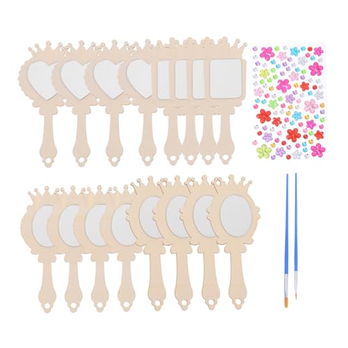 Sosoport DIY Wooden Mirror Set 12 Kids Handheld Decorative Blank Unfinished Painted Craft Mirror for Makeup