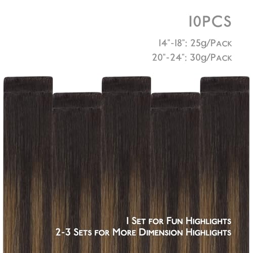 Image of WENNALIFE Invisi Edge Tape in Hair Extensions Human Hair,#2 /6 /2,14 Inch | 14 Inch 25g 10pcs Balayage Dark Brown Mixed Chestnut Brown Invisi Remy Hair tensions Seamless Injected Straight