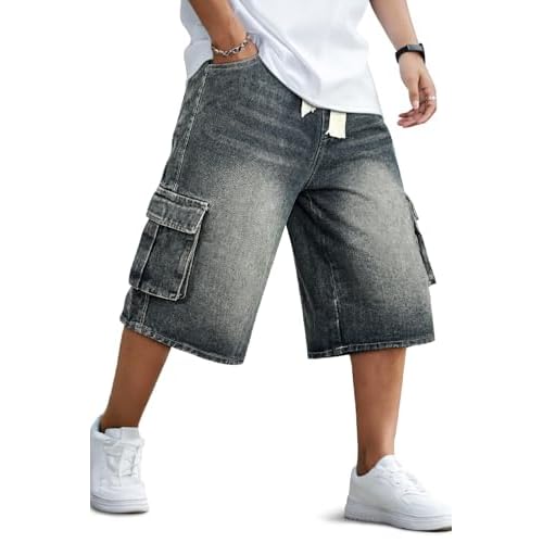 GINGTTO Mens Baggy Jean Shorts Cargo Long Denim Shorts Elastic Waist 15 Inch Inseam Washed Light Grey 44