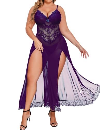 Image of Alrovetoney Plus Size Lingerie For Women Babydoll Sexy Mesh Maxi Nightdress Exotic Sleepwear Side Slits