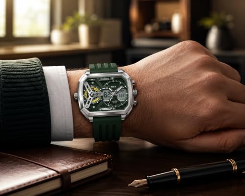 Image of Men's Square Luxury Stainless Steel Quartz Watch - Waterproof 10BAR Wristwatch with Luminous Display, Day /Date Calendar, Hardlex Glass - Fashion & Business Timepiece