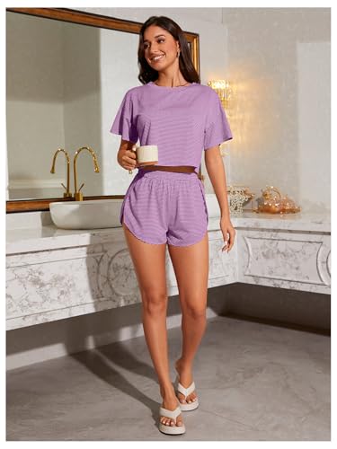 Image of OYOANGLE 2 Pack Pajama for Woman Set Summer Cute PJ Sets Striped Short Sleeve Tshirt and Split Shorts Lounge Set