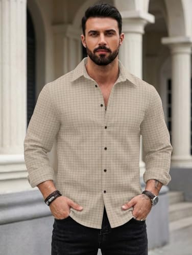 Image of DEELMO Men's Regular Fit Button Down Dress Shirts Textured Long Sleeve Casual Hawaiian Shirt