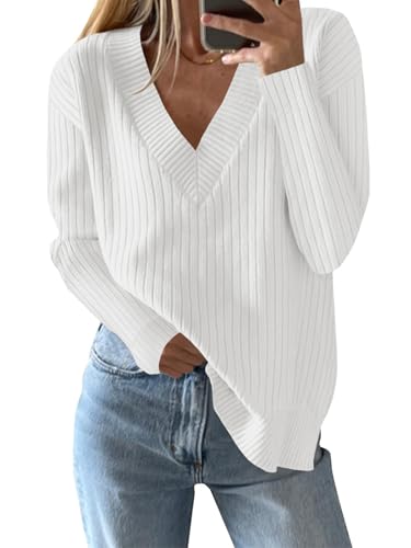 Saodimallsu Womens V Neck Sweater 2025 Fall Oversized Ribbed Knit Trendy Slit Casual Loose Fit Long Sleeve Pullover Top