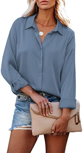 Hotouch Business Professional Blouse Women Button Down Shirt Chiffon Blouses Long Sleeve Collared Shirts Blue Grey M