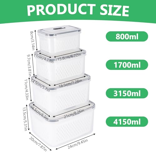 4 Piece Set Fridge Storage Containers, PP Fruit Storage Containers for Fridge with Ventilation Holes, Double Layer Fridge Organiser with Drain Basket Suitable for Fruit Vegetable Salad And Lettuce - Image 5