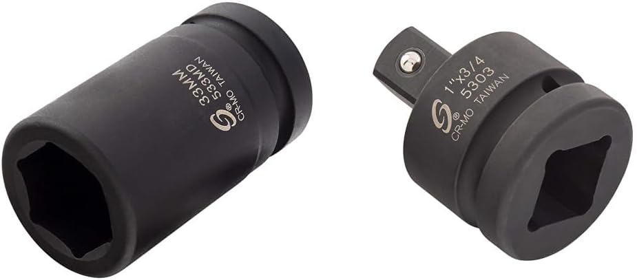 SUNEX TOOLS 533MD, 1 Inch Drive, 33mm Deep Impact Socket, Cr-Mo Steel & 5303, 1 Inch Drive, 1" Female x 3/4" Male Impact Adapter, Cr-Mo Steel, Ball Detent, Tapered Square