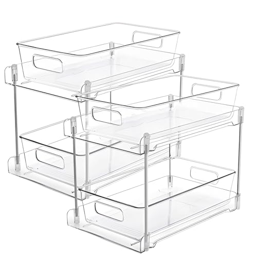 2 Pack Organizador Transparente de Plástico Bajo Fregadero de Doble Nivel con Cajones Deslizantes, Estante Removible con Bandeja, Asa y Pies Antideslizantes para Cocina, Baño y Gabinete miniatura 2