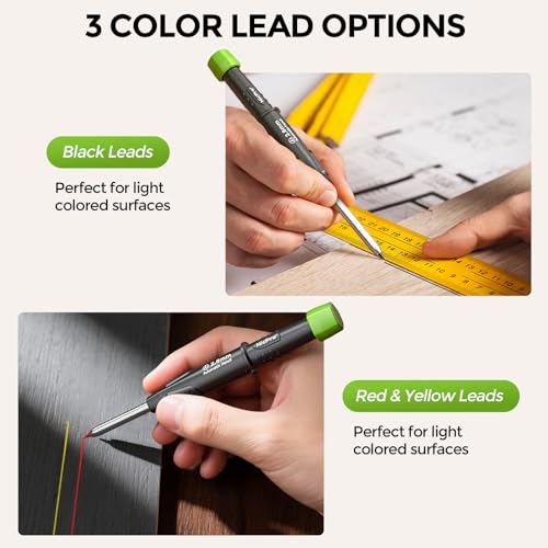 Image of Nicpro 12 PCS Carpenter Pencil 2.8mm Lead Refills in A Replacement Lead Dispenser, Break Resistant 2.8 mm Leads for Construction Pencils, Woodworking Pencils (Black, Red, Yellow)