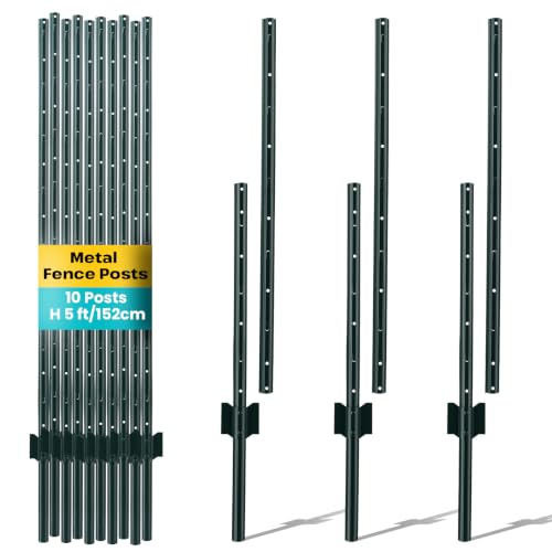 Image of Ankishi 10 Pack Metal Fence Posts 5 FT (152CM) - Heavy Duty Steel Fencing Stakes & Garden Posts for Wire Mesh, Farm, Yard Boundary - Rustproof Ground Anchor Poles (Netting Not Included)