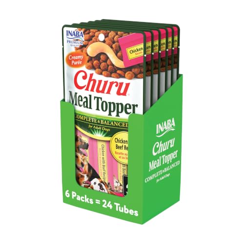INABA Churu Meal Topper for Dogs Complete & Balance Creamy Lickable Pure Dog Food Topper 0.5 Ounce Tube 24 Tubes (4 per Pack) Chicken with Beef Recipe