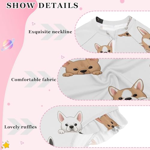 Puppy Face Dog Pattern Girls Long Sleeve Swimsuit Rash Guard One Piece Bathing Suits Zipper 3-12T4
