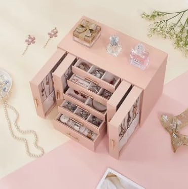 Image of KRISHYAM Large Jewelry Box for Women Jewelry Organizer Case with 9 Drawers for Necklaces Earrings Rings Gift Jewelry Storage Space Saving (Pink)