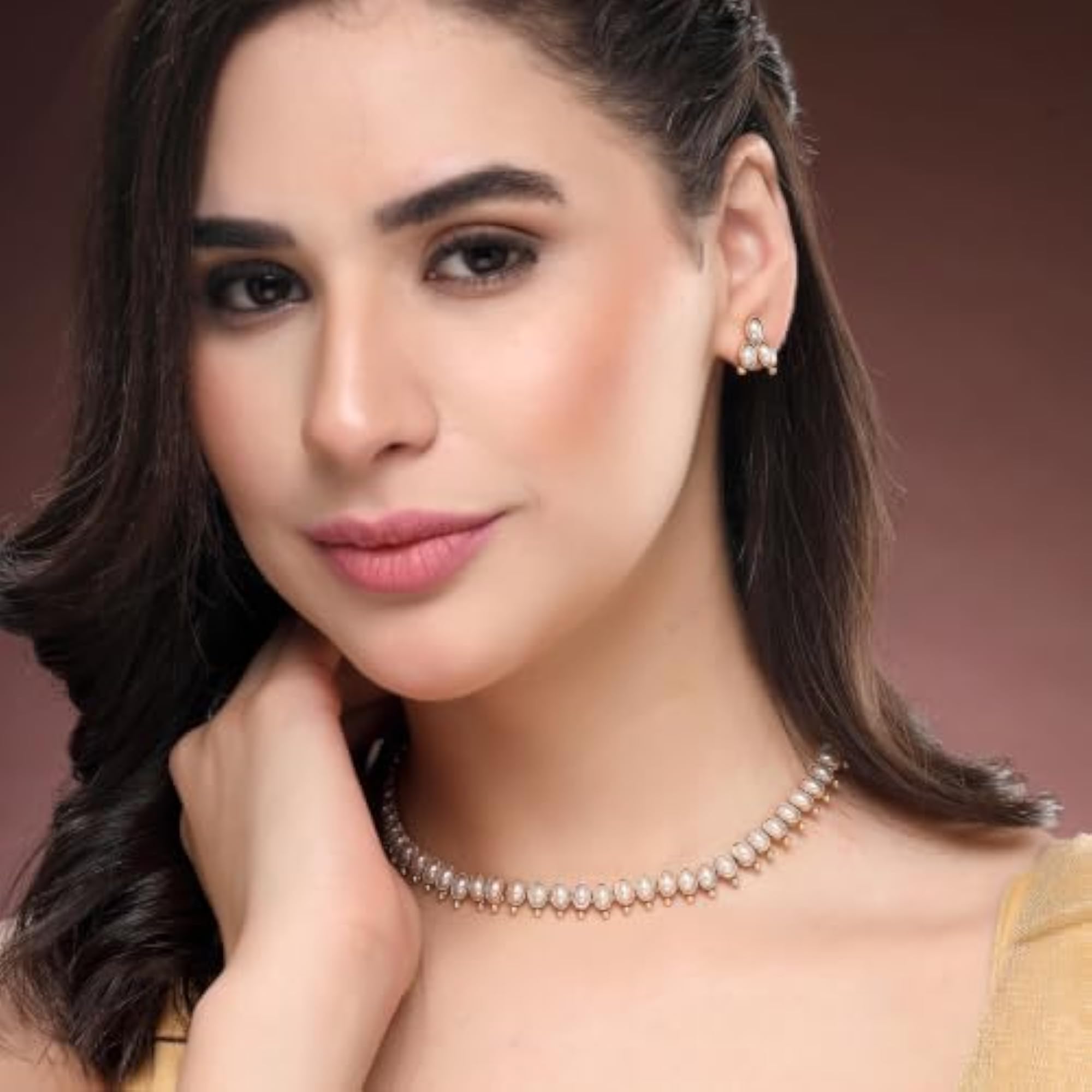 Gold-Plated Stone Studded Pearl Choker Necklace Set, Gift for Her