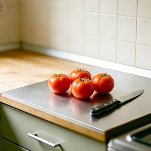 Tabla de cortar de acero inoxidable para cocina, 40x30x2 cm, base antideslizante, superficie multipropósito para verduras, frutas, pan, masa y preparación miniatura 7