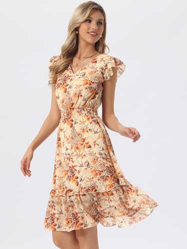 Image of Allegra K Women's Floral Dress Spring Summer V Neck Flutter Sleeve Ruffle Casual Smocked Knee Length Dresses