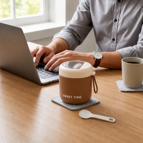 Image of Portable Food Container 430ml with Spoon | Silicone Sealed Lid & Pressure Release Vent | Compact Lunch Pot with Carry Loop for Snacks Meals Office School & Travel - Coffee