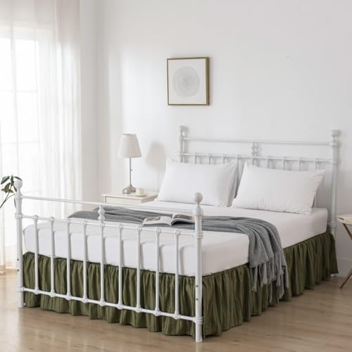 Bed Skirt King Size Ruffled Bed Skirt with Split Corners, 18 Inch Drop Dust Ruffle Bed Skirts with Platform, Tufted Boho King Size Bed Skirting, Striped, Green, 18" King
