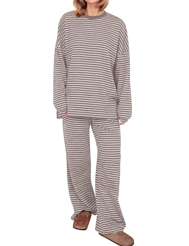 Image of MISSACTIVER Women's 2 Piece Striped Lounge Set Long Sleeve Oversized T-Shirt Wide Leg Pants Matching Pajamas Set