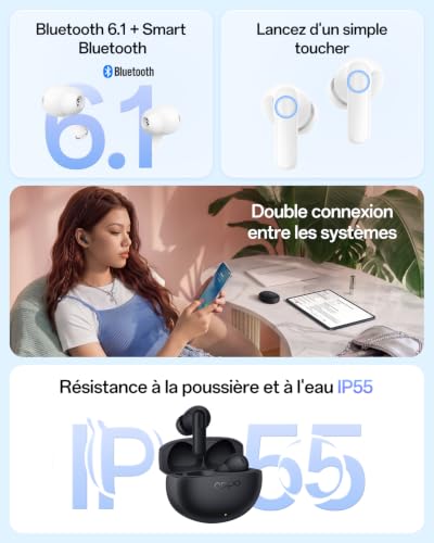 Écouteurs sans fil True Wireless OPPO Enco Air5 ANC 52dB adaptative Bluetooth 6.1 Autonomie 54h - vue 10