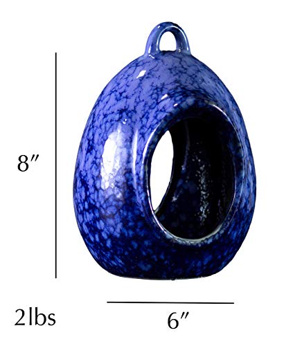 Byer Of Maine Egg Fly Through Bird Feeder For Outside , Easy To Refill , High Fired Porcelain Stoneware With Glossy Glaze, 2Lbs, Mottled Blue, 8”X6”X7” #TOP2