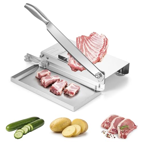DRINTON Meat Bone Cutter, Manual Meat Slicer Bone Cutting Knife with Food-grade Stainless Steel Blade and Food Catch Tray, Beef Jerky Chicken Bone Cleaver for Home and Commercial Cooking, 15.5 Inches