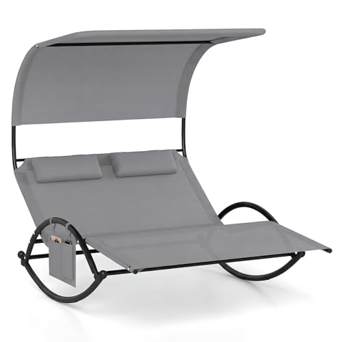 GIANTEX Chaise Longue de Jardin à Bascule pour 2 Personne, Poche Latérale, Transat Double à Bascule, Charge 300 kg, Auvent Pare-Soleil, 2 Oreillers...