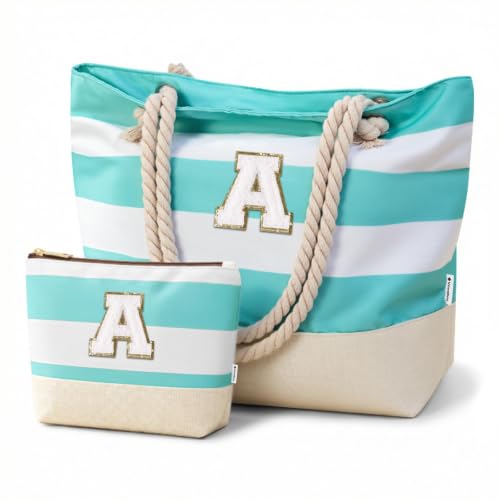 Image of Vavabox Initial Beach Tote Bag for Women, Water-resistant Travel Beach Bag Pool Bag Set, Birthday Gifts for Women Mom