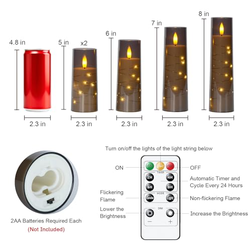 Image of Raycare Flameless Candle with Remote Timer - 5 Flickering Acrylic Battery Operated LED Pillar Candles with Embedded Star String for Christmas, Home Decor, and as a Gift(Grey)
