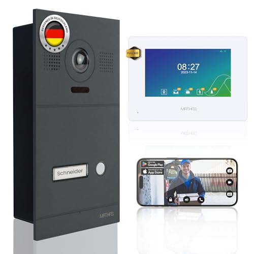 Mathfel 2-Draht IP Video-Türsprechanlage mit Türöffner und 2 Jahren Garantie - Full-HD Kamera, 7 Monitor & App-Steuerung – Smarte Video-Türklingel mit Gegensprechanlage (Anthrazit, 1 Klingeltaster)