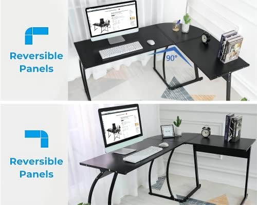 L Shaped Gaming Desk Computer Corner Desk Office Desk Large Wooden PC Work Desk for Small Spaces Student Study Laptop Table Kids Writing Desk for Home Bedroom(Black, 148 x 112 x 74 cm)