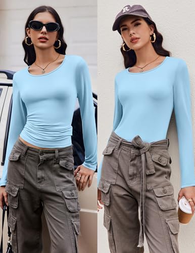 Ekouaer Long Sleeve Shirts for Women 3 Pack Scoop Neck Fitted Tops Thermal Undershirt Stretch Base Layer Soft Tee Light Blue/White/Black XS — view 2