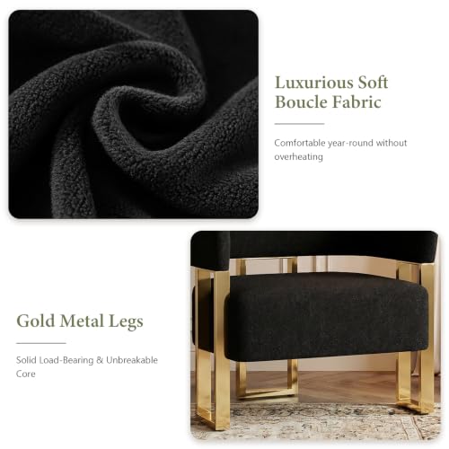 Image of Black and Gold Accent Chairs Set of 2, Boucle Barrel Chairs for Living Room | STHOUYN Boucle Upholstery, Curved Bucket Design, Bedroom Chair, Gold-Tone Base, Armchairs for Office, Small Space Seating