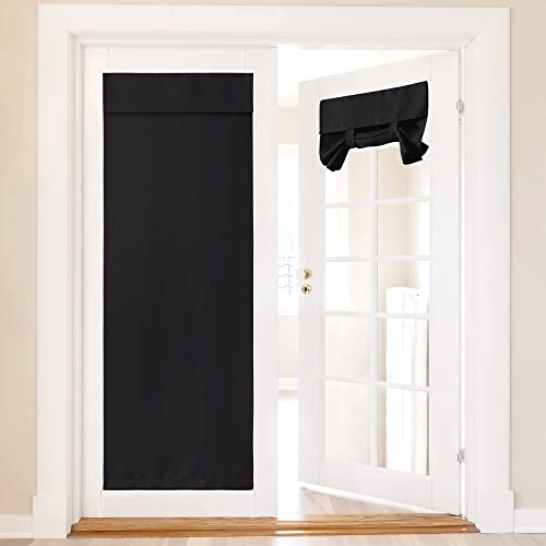 NICETOWN Black Door Curtain, Thermal Insulated Blackout Privacy French Front Door Panel for Kitchen, Self Sticky Window Tie Up Shade for Bedroom Decor