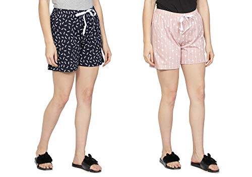 Image of Club A9 Women's Regular Fit Cotton Printed Shorts (Navy Blue, Light Pink)