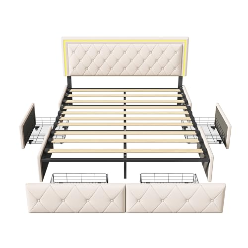 DULRLLY Bett 140x200 mit Stauraum, Polsterbett mit 4 Schubladen und LED-Kopfteil, Doppelbett Bettgestell mit Lattenrost, Jugendbett Funktionsbett Stauraumbetten Rückenlehne Bett, Beige(PU) – Bild 8