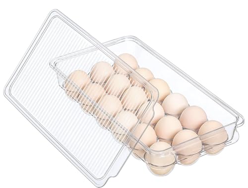 Egg Holder for fridge with Lid Clear Plastic Egg Storage Container Refrigerator Organizer Bins Stackable Tray Holds 18 Eggs Trays Storage (1 pack 18 Eggs)
