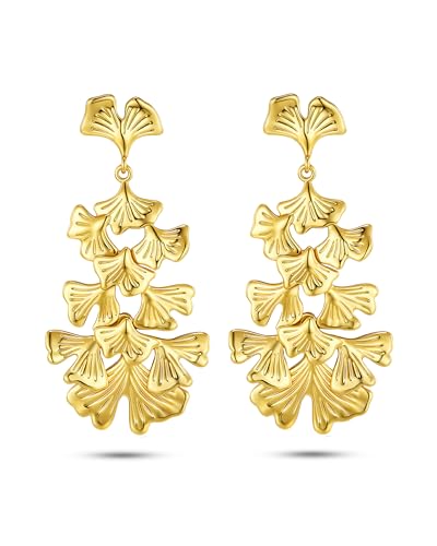 18K gold plated Dangle Textured Chunky Ginkgo Leaf Shell Tiered Statement Earrings for Women by SNGIA, Dainty Handmade Trendy Summer Drop Flower Jewelry Gifts, Thin Beachy Vintage Plant Fashion Drop Accessories, Vintage Nickle Free Floral Dangling Earrings.