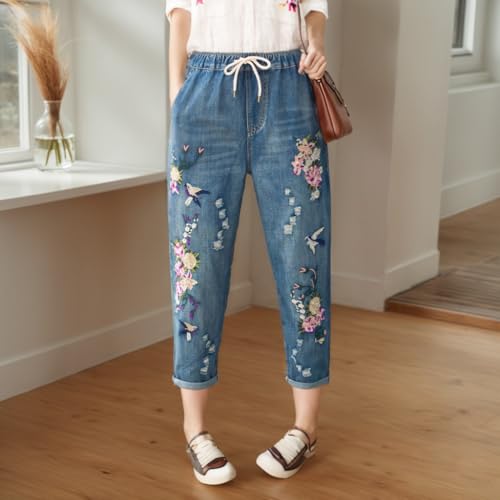 Womens High Waist Jeans Vintage Floral Embroidery Denim Pants Plus Size Drawstring Boyfriend Ripped Trousers2