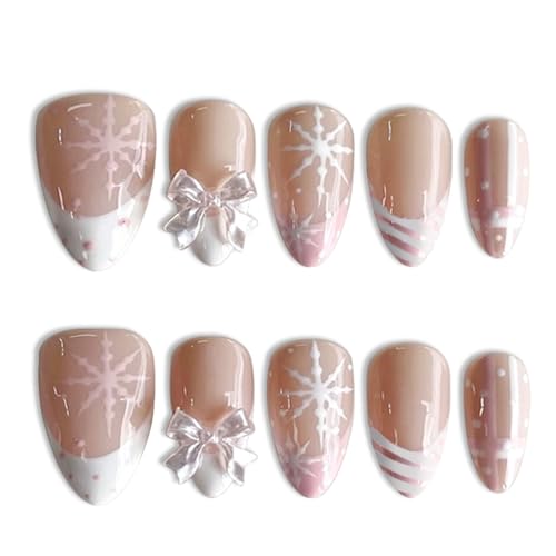 Short Press on Nails Almond Fake Nails with Snowflake 3D Bow Dots Designs French Tip Nails Press ons Pink White Nude Glue on Nail Glossy Acrylic Cute Winter Stick on Nail for Women 24Pcs