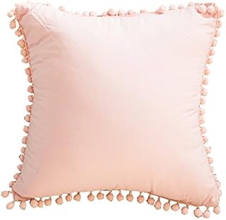 Meaning4 Light Pink Pillow Cover with Pom Balls Cotton Throw Pillow Case 45x45CM(18x18inches)