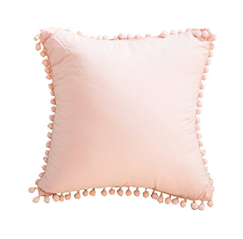 Meaning4 Light Pink Pillow Cover with Pom Balls Cotton Throw Pillow Case 45x45CM(18x18inches)