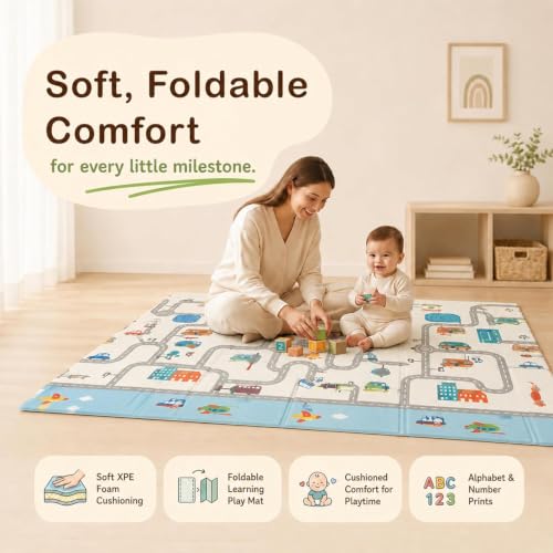 Image of StarAndDaisy Foldable Baby Play Mat 6 x 6.5 ft, 20MM Thick XPE Foam Playmat, Reversible 2-in-1 Design, Lightweight Cushioned Floor Mat for Crawling, Playing & Learning