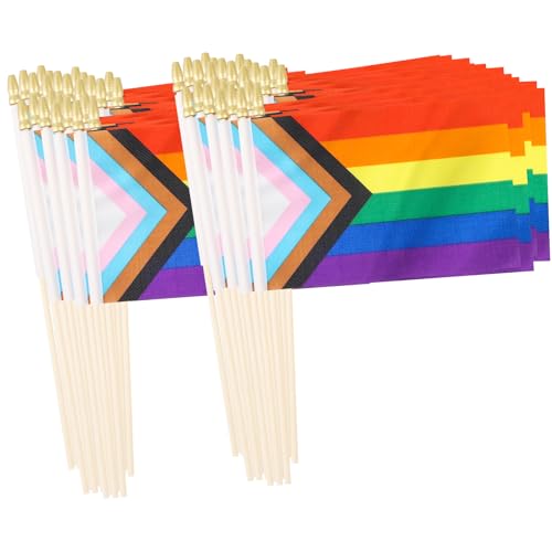 Yingnner 50 Pack Small Progress Pride Rainbow Gay Stick Flag Mini Hand Held LGBTQ Flags Decorations 5x8inch