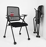 BLANEDUO Updated Conference Room Chairs with Tablet Arm, Folding Office Desk Chair with Lumbar Support and Sliding Armrest with Casters, Stackable Office Guest Chairs & Reception Chairs, 1 Pack Black