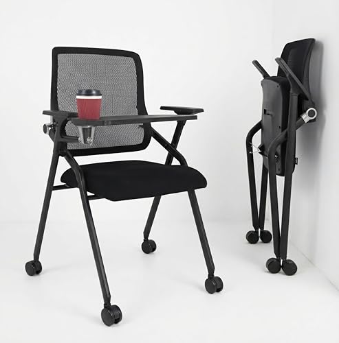 BLANEDUO Updated Conference Room Chairs with Tablet Arm, Folding Office Desk Chair with Lumbar Support and Sliding Armrest with Casters, Stackable Office Guest Chairs & Reception Chairs, 1 Pack Black