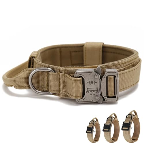 Collare tattico cane taglia piccola media e grande con manico di controllo e fibbia in metallo regolabile, accessorio per cani da lavoro speciali (Khaki, XL : 50-62cm)