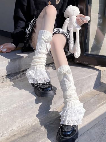 Image of RoseSeek Women's 1 Pair Y2K Bow Front Lace Trim Leg Warmers Ribbed Knit Over Knee Pile Leg Warmers Long Socks