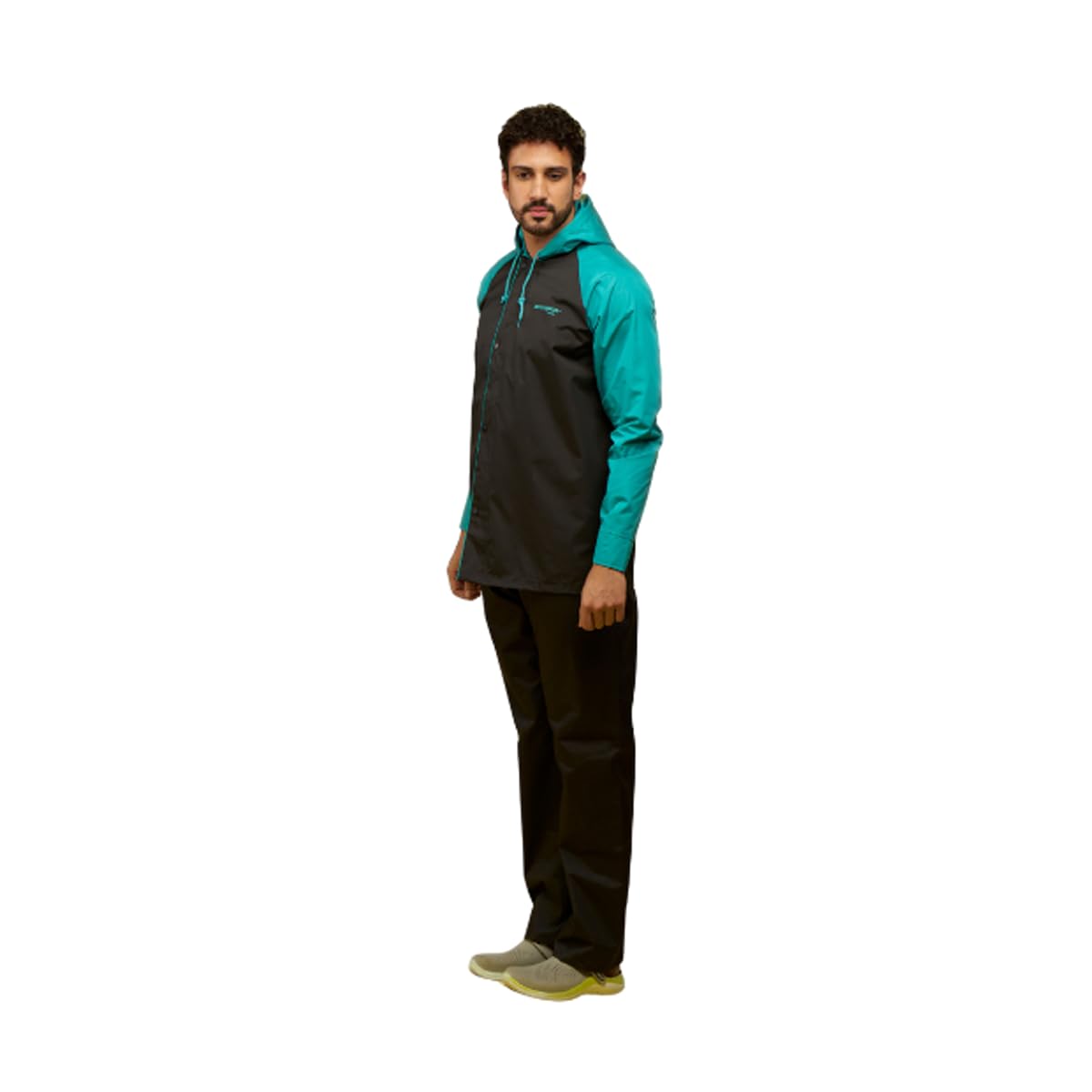 WATER FIGHTER by ZEEL Rain Coat for Men with Adjustable Hood, Polyester Waterproof Full Sleeves, Top and Bottom Set Rainwear, Front Zip with Snap Button Flap, Lightweight (EWF87, Black & Green, 2XL) - Image 2 thumbnail